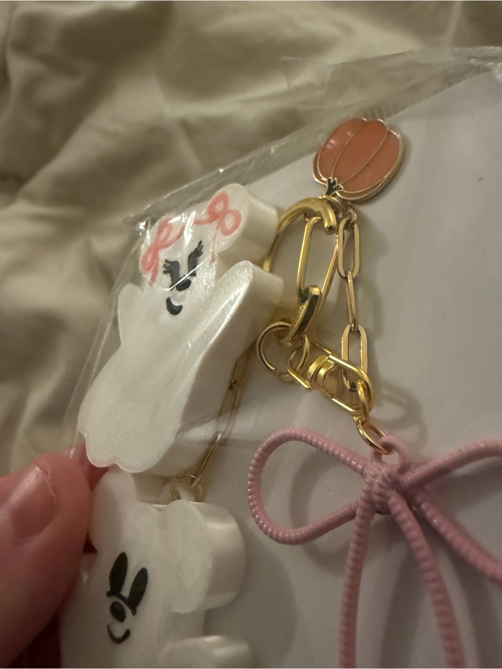 Disney Mickey Ghost Charm Keychain with Pink Bow and Gold Hardware - Picture 2 of 3